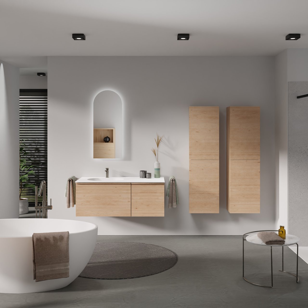 Balmani Forma meuble salle de bains suspendu 120 x 55 cm chêne naturel avec Tablo Oval vasque asymétrique gauche en solid surface blanc mat, Nervure droite symétrique horizontale