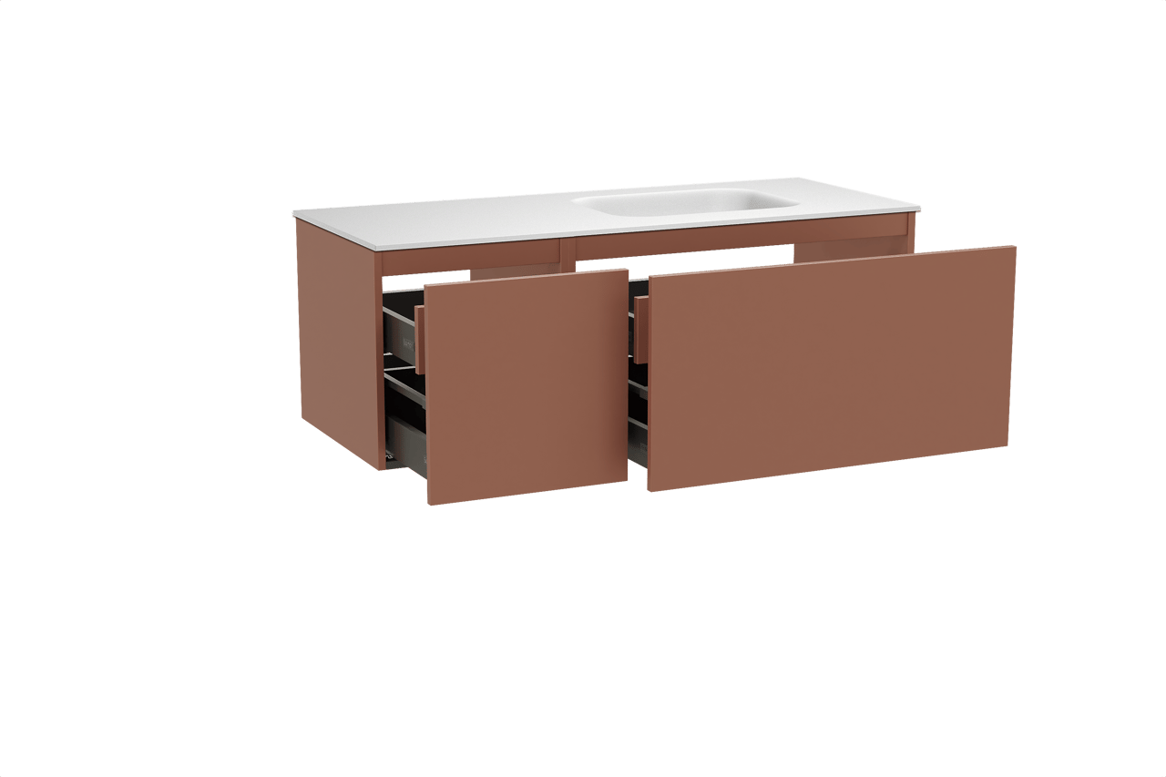 Balmani Sfera meuble salle de bains suspendu 135 x 55 cm cotto avec Tablo Arcato plan vasque asymétrique à droite en solid surface blanc mat