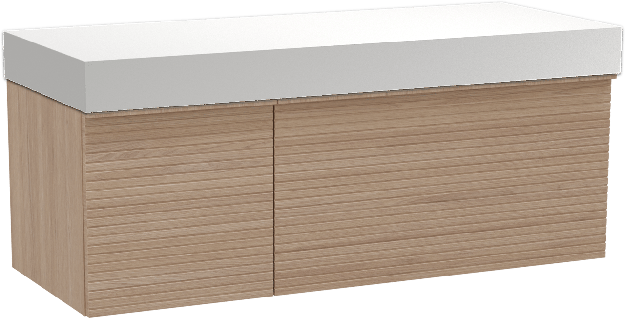 Balmani Forma hängendes Möbelstück Set: 135 x 55 cm, Naturbelassene Eiche, mit Dominus Einzel- oder Doppel Waschtischplatte, Solid Surface, Weiß matt, Horizontale symmetrische gerade Rippe