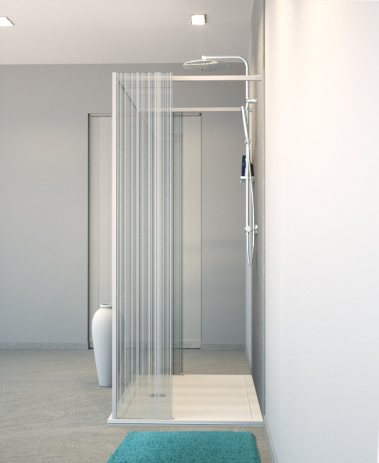 Balmani BMSS douche à l'italienne avec paroi autoportante et panneau fixe 140 x 200 cm verre code barre blanc profil blanc mat