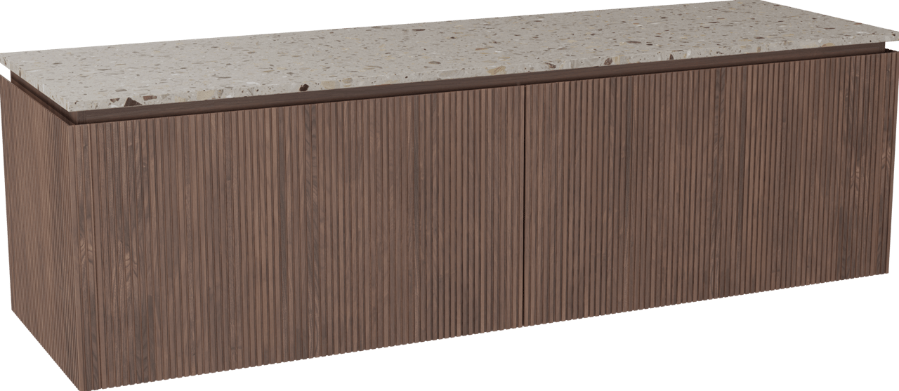 Balmani Eclips meuble salle de bains suspendu 180 x 55 cm Noyer américain avec Stretto tablette simple ou double en Terrazzo greige, Nervure droite symétrique verticale