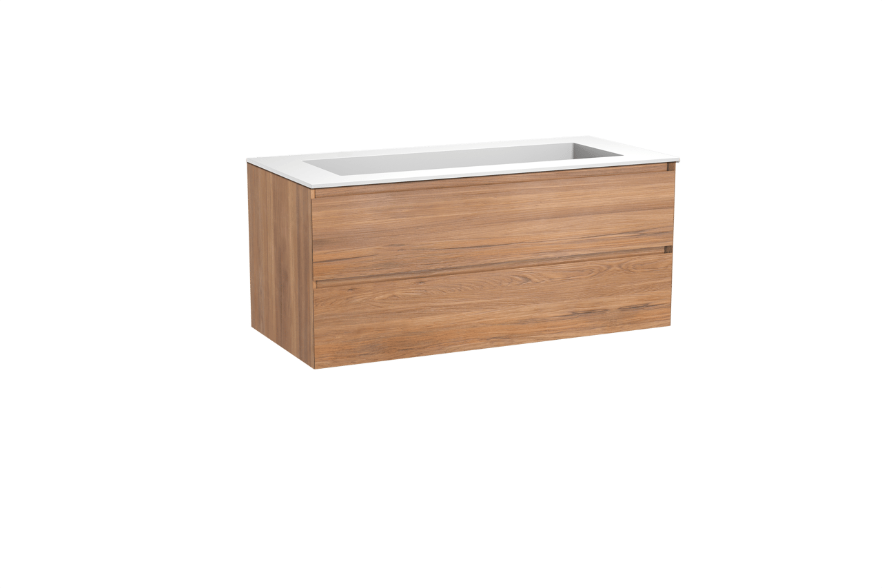 Balmani Mitra zwevend badkamermeubel 120 x 55 cm teak met Tablo Stretto enkele wastafel voor 2 kraangaten in solid surface mat wit