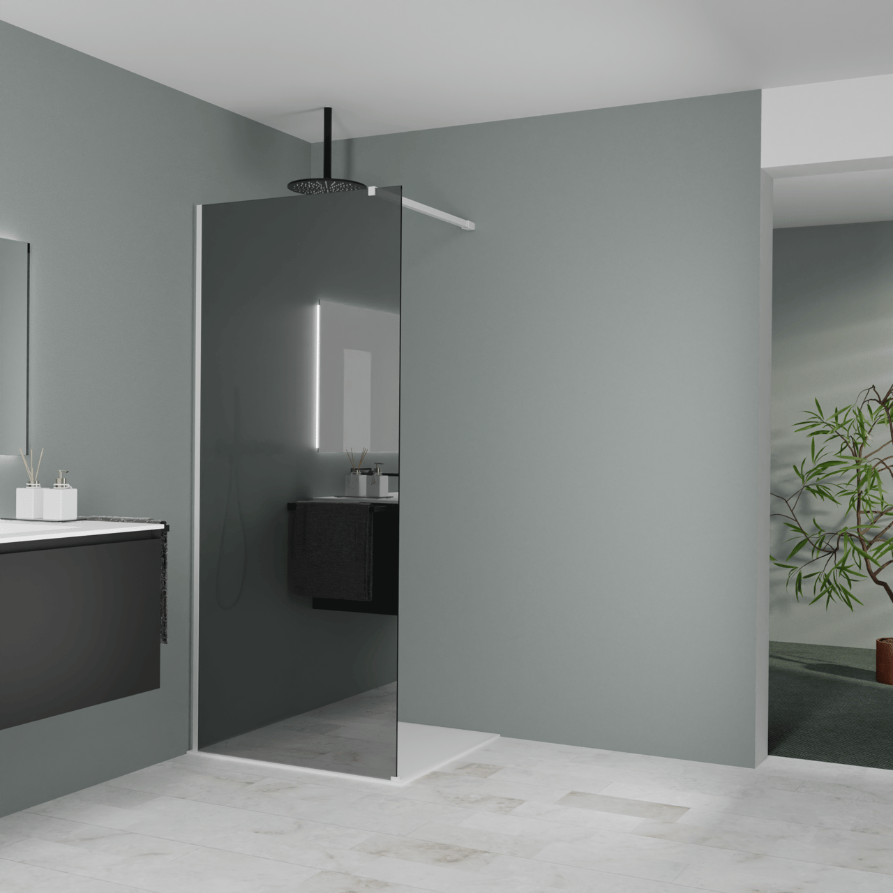 Balmani Modular douche à l'italienne: 90 x 200 cm, Miroir Reflex, avec coating, Profil Blanc mat