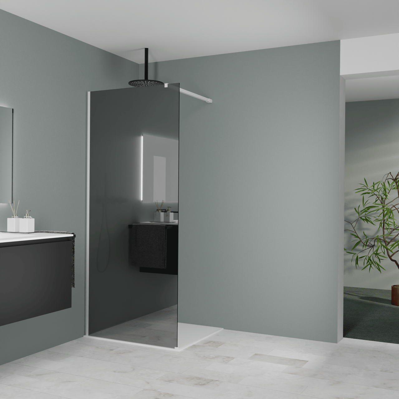 Balmani Modular douche à l'italienne: 90 x 200 cm, Miroir Reflex, avec coating, Profil Blanc mat