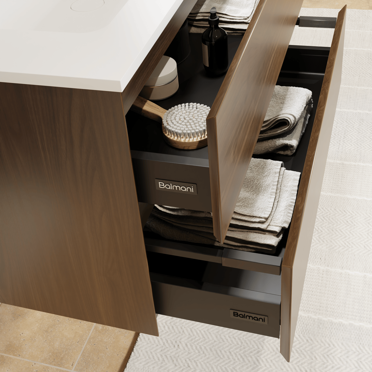 Balmani Mitra meuble salle de bains suspendu 180 x 55 cm noyer américain avec Tablo Strada double vasque en marbre composite blanc mat