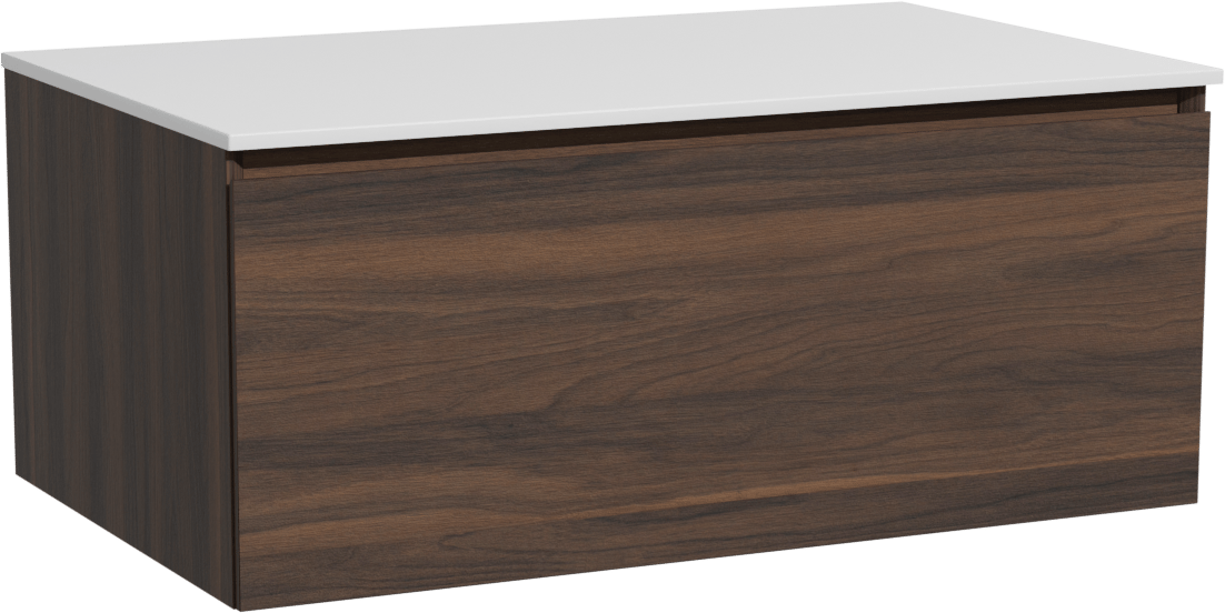 Storke Edge zwevend badkamermeubel 85 x 52 cm notelaar met Tavola enkel tablet in solid surface mat wit