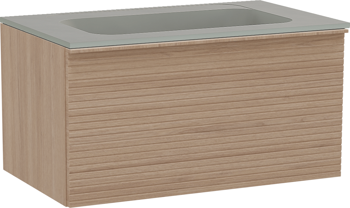 Balmani Forma hängendes Möbelstück Set: 90 x 55 cm, Naturbelassene Eiche, mit Tablo Strada Einzelwaschtisch, Marmorkomposit, Seidengrau, Horizontale symmetrische gerade Rippe