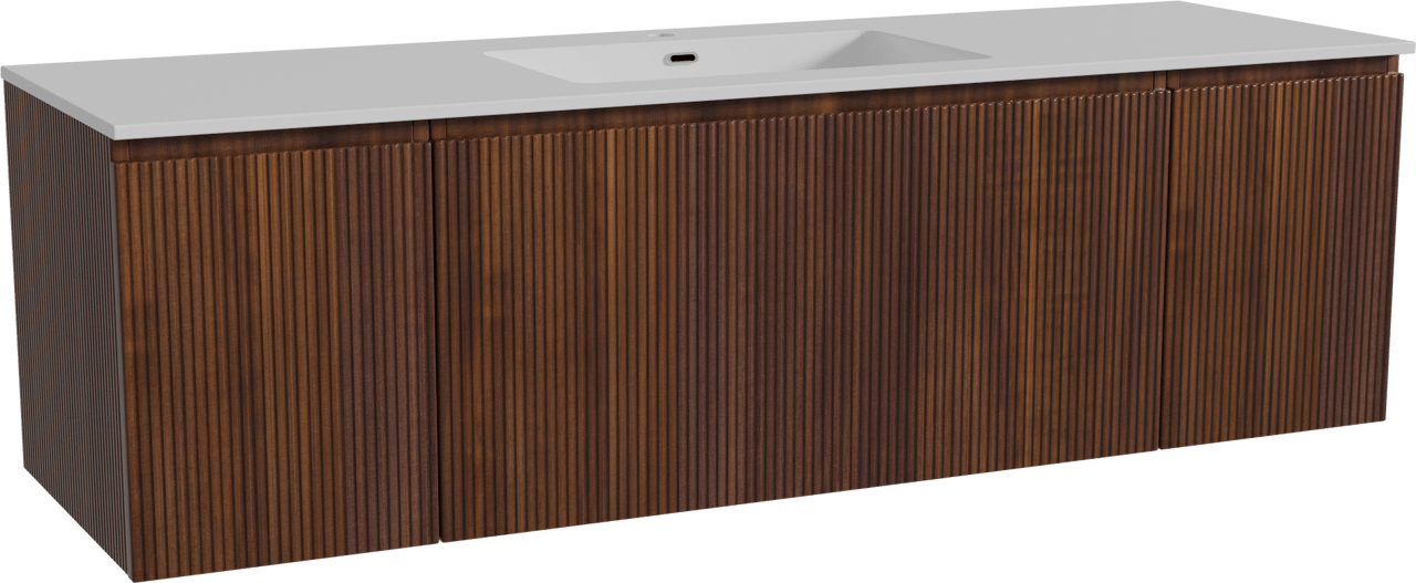 Storke Ribs zwevend badmeubel 165 x 52 cm notenhout met Diva enkele wastafel in composietmarmer hoogglans wit, Verticale symmetrische rechte ribbel