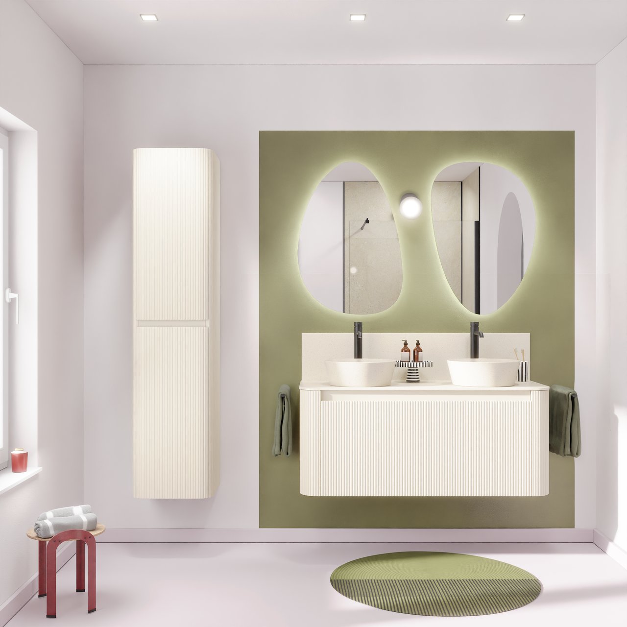 Storke Soft hängendes möbelstück Waschtischunterschränke 120 x 46 cm Sand matt 2 Schubladen Vert. Sym. Rippe