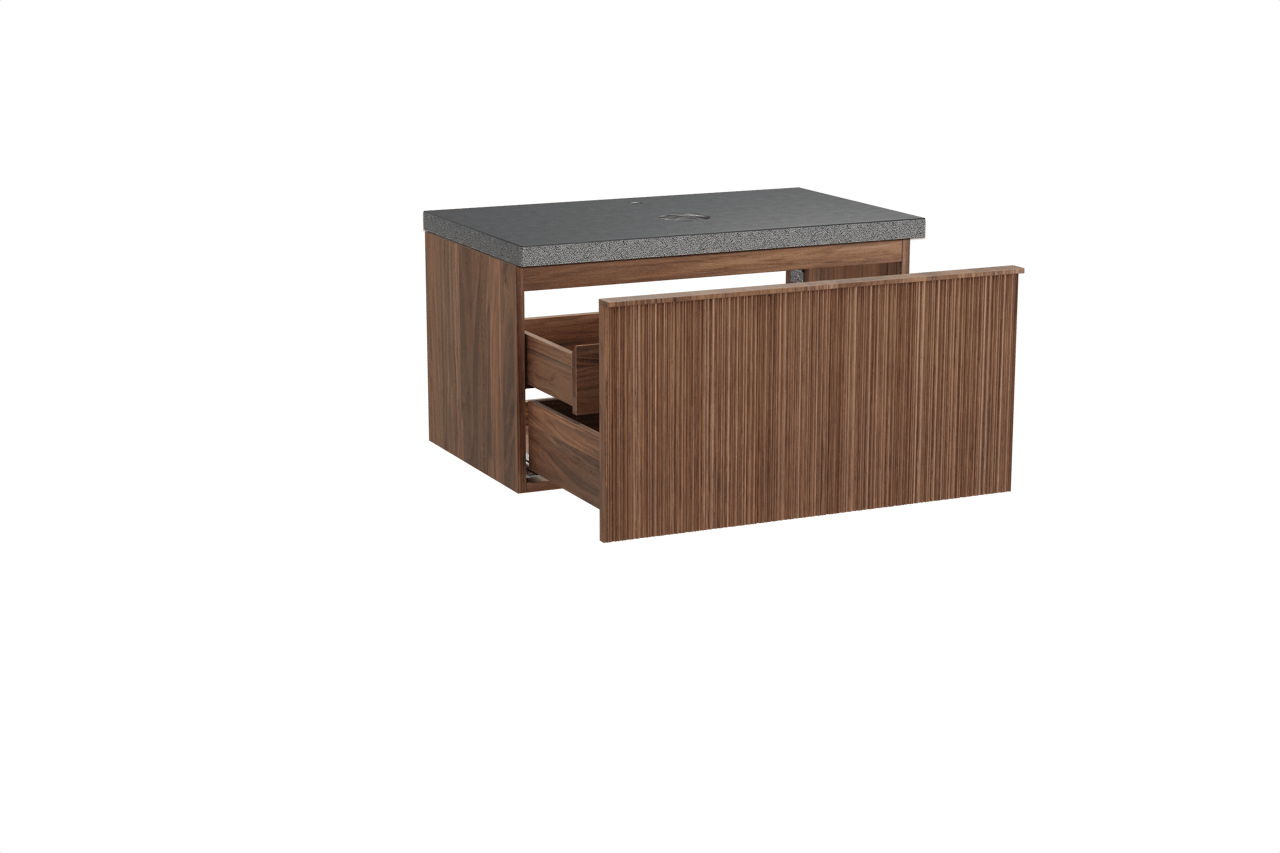 Balmani Forma zwevend badkamermeubel 90 x 55 cm amerikaanse notelaar met Rock enkel tablet in graniet zwart, Verticale asymmetrische ronde ribbel