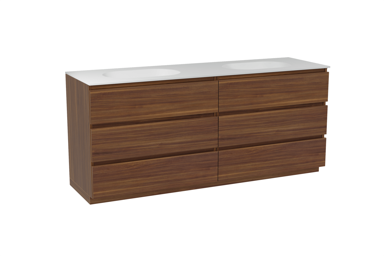 Balmani Lucida staand badkamermeubel 180 x 55 cm amerikaanse notelaar met Tablo Oval dubbele wastafel in solid surface mat wit