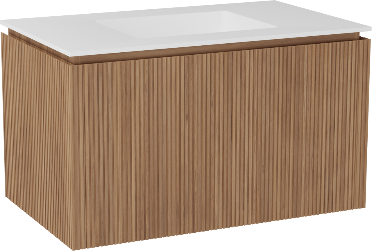 Balmani Eclips zwevend badkamermeubel 90 x 55 cm Teak met Tablo Stretto enkele wastafel in Solid Surface mat wit, Verticale symmetrische rechte ribbel