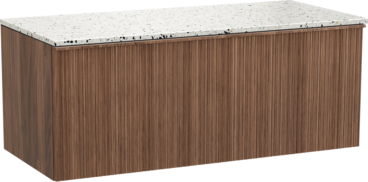 Balmani Forma zwevend badmeubel 120 x 55 cm amerikaans notenhout met Stretto enkel of dubbel wastafelblad in mat wit/zwart terrazzo, Verticale asymmetrische ronde ribbel