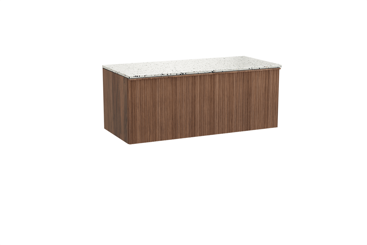 Balmani Forma zwevend badkamermeubel 120 x 55 cm amerikaanse notelaar met Stretto enkel of dubbel tablet in mat wit/zwart terrazzo, Verticale asymmetrische ronde ribbel