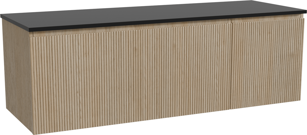 Storke Ribs meuble salle de bains suspendu 150 x 52 cm chêne brut avec Panton tablette simple ou double en mdf enduit de poudre noir mat, Nervure droite symétrique verticale