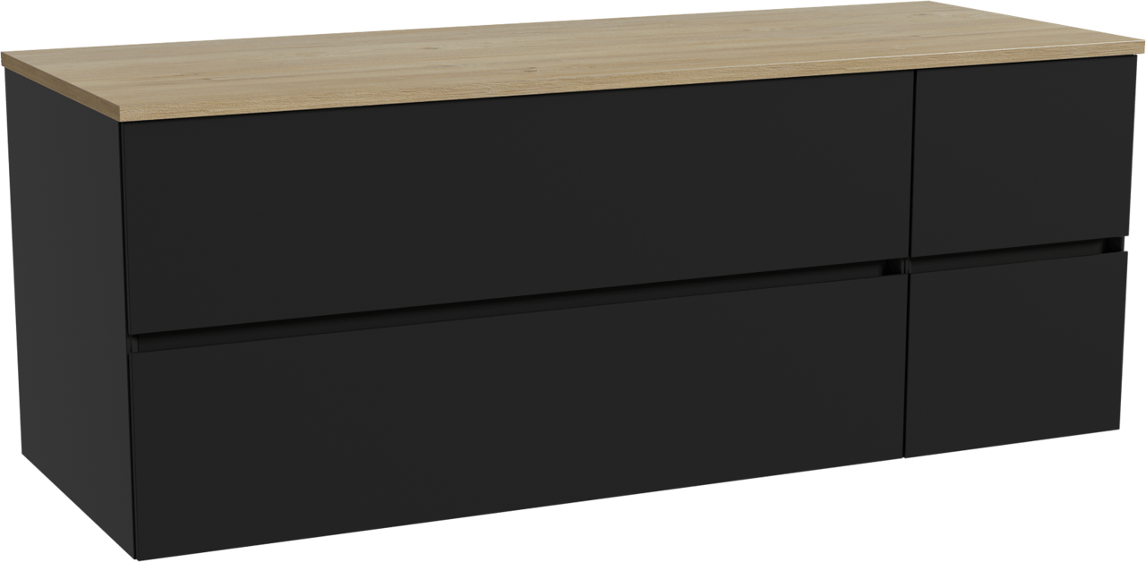 Storke Edge hängendes Möbelstück Set: 140 x 52 cm, Schwarz matt, mit Panton Einzel- oder Doppel Waschtischplatte, Melamin Rohe Eiche