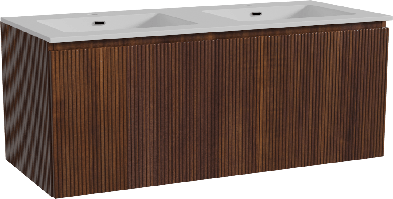 Storke Ribs zwevend badmeubel 120 x 52 cm notenhout met Diva dubbele wastafel in composietmarmer hoogglans wit, Verticale symmetrische rechte ribbel