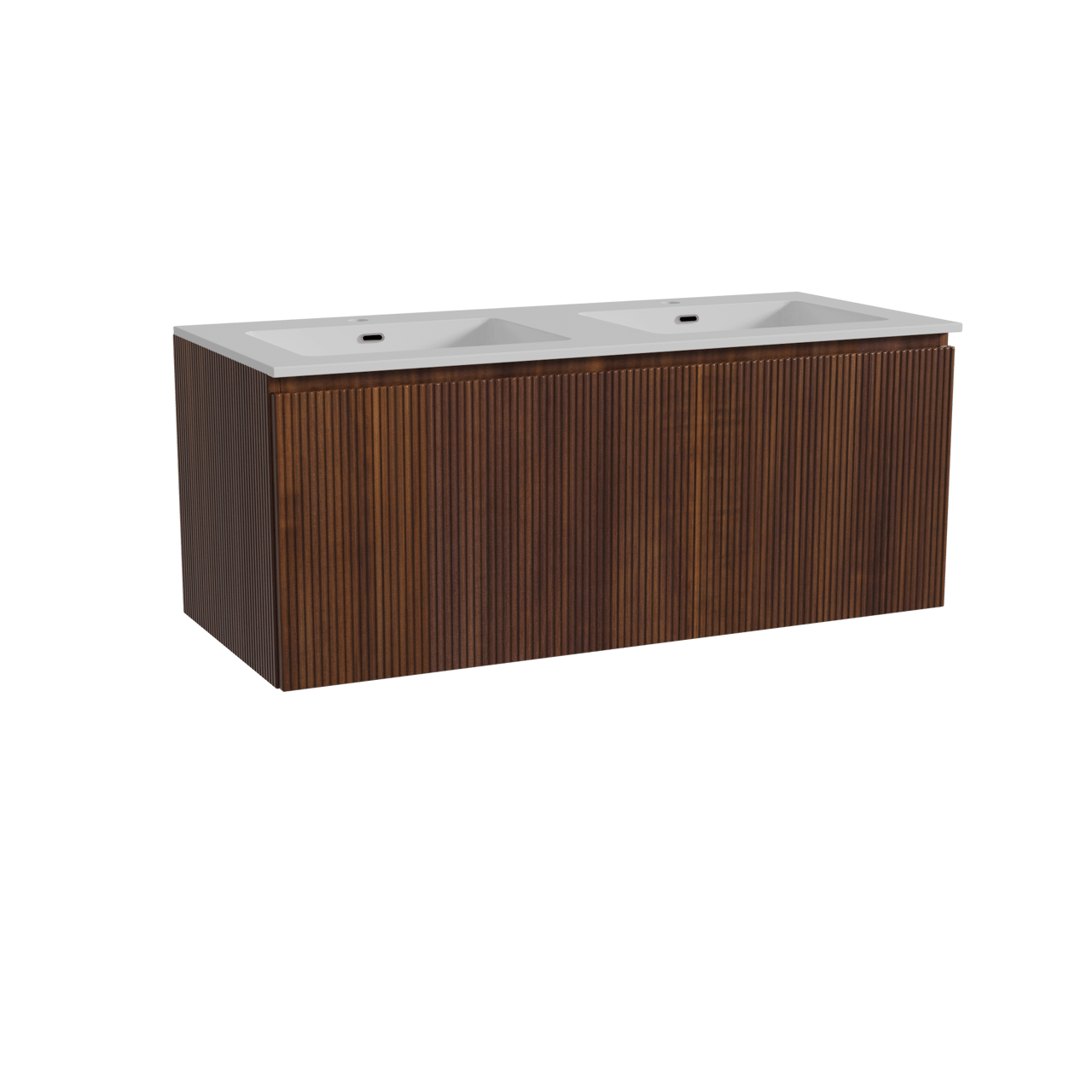 Storke Ribs hängendes Möbelstück Set: 120 x 52 cm, Nussbaum, mit Diva Doppelwaschtisch, Marmorkomposit, Weiß glänzend, Vertikale symmetrische gerade Rippe