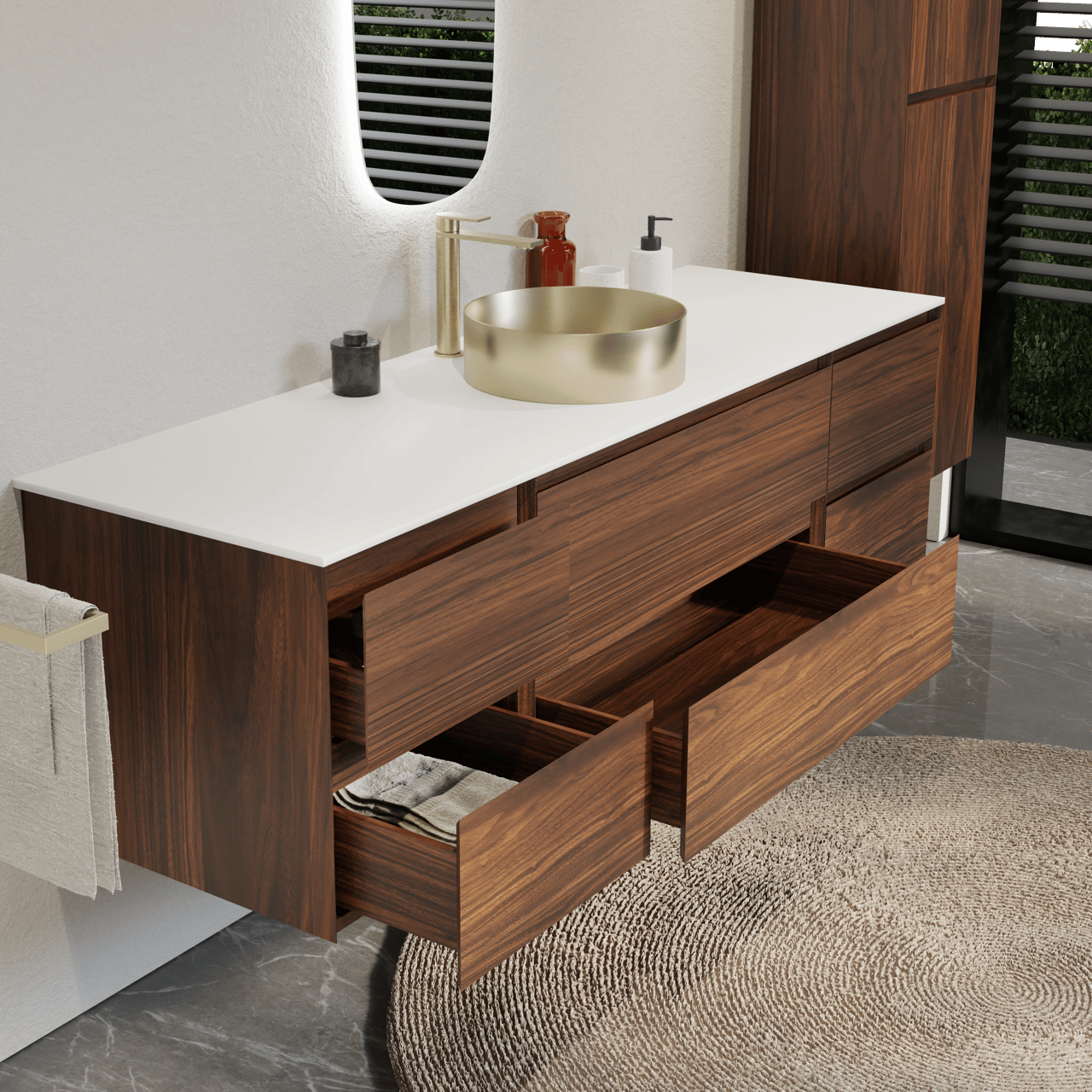 Balmani Mitra zwevend badkamermeubel 180 x 55 cm notelaar met Stretto enkel of dubbel tablet in solid surface mat wit