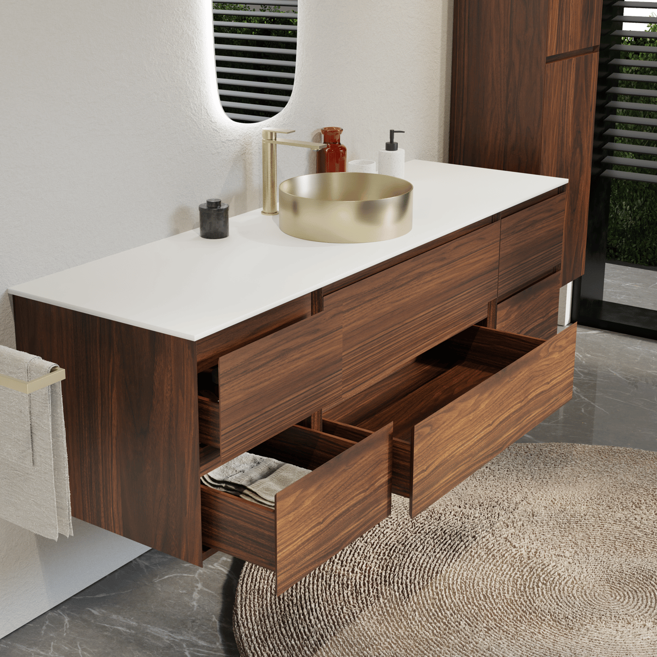 Balmani Mitra zwevend badkamermeubel 180 x 55 cm notelaar met Stretto enkel of dubbel tablet in solid surface mat wit