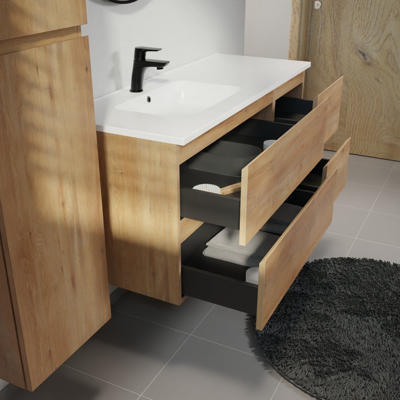 Linie Lado meuble salle de bains suspendu 120 x 46 cm chêne naturel avec Vano plan vasque asymétrique à gauche en marbre composite blanc mat