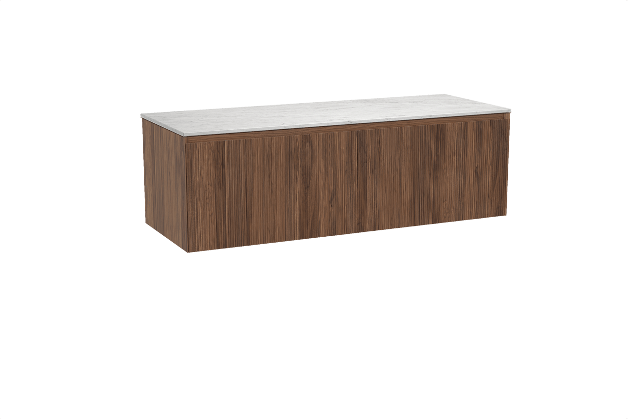 Balmani Fila zwevend badkamermeubel 150 x 55 cm notelaar met Stretto enkel of dubbel tablet in marmer carrara, Verticale symmetrische rechte ribbel