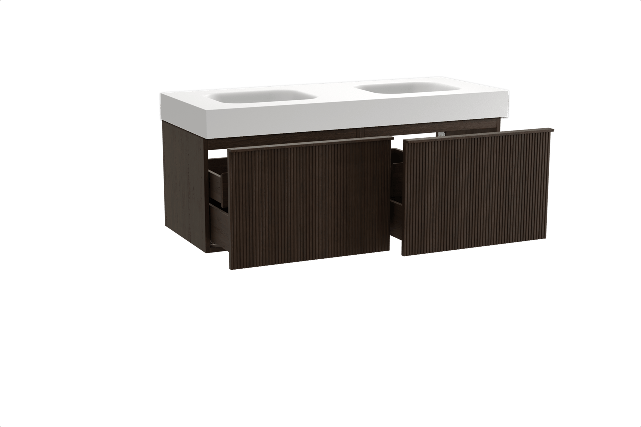 Balmani Forma zwevend badkamermeubel 135 x 55 cm gerookte eik met Arcato dubbele wastafel in solid surface mat wit, Verticale symmetrische rechte ribbel