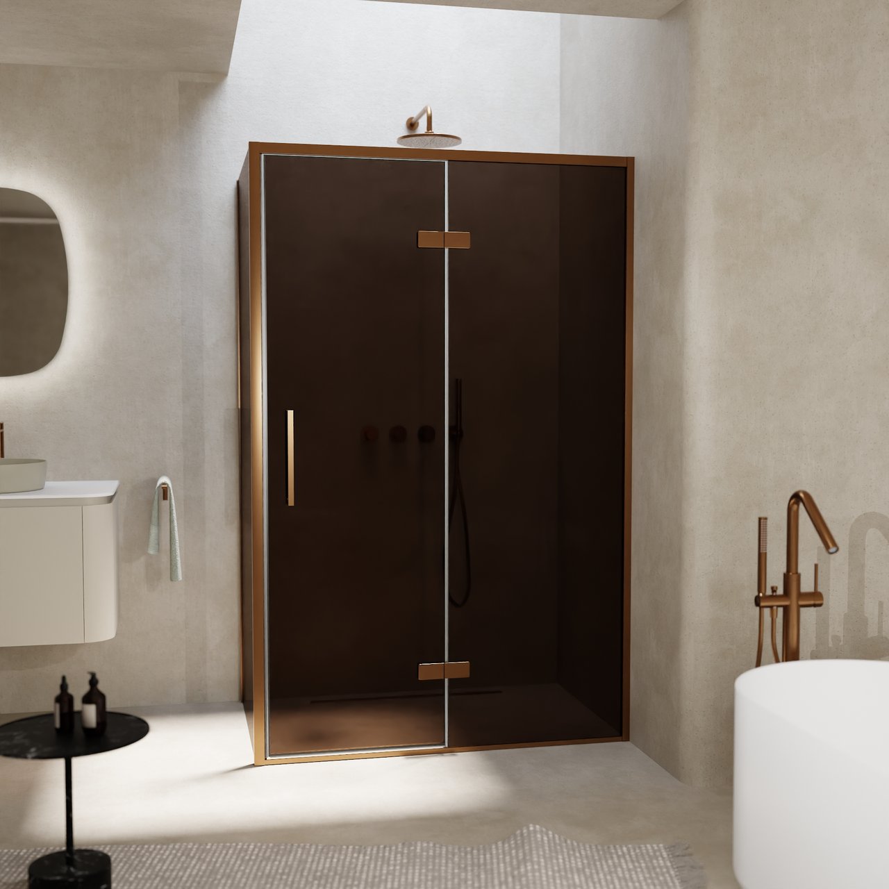 Balmani Senses Design Eckdusche: Drehtür (Rechts) mit fixierte Seitenwand, 120 x 80 cm, Bronze, Profil Brushed Rosegold, inklusive Coating