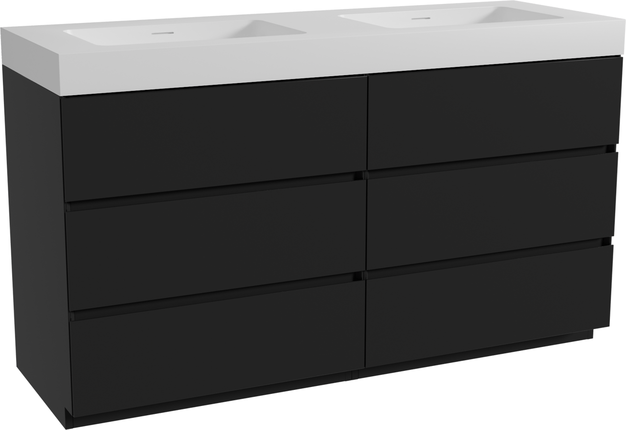 Storke Edge staand badmeubel 150 x 52 cm mat zwart met Mata High dubbele wastafel in solid surface mat wit