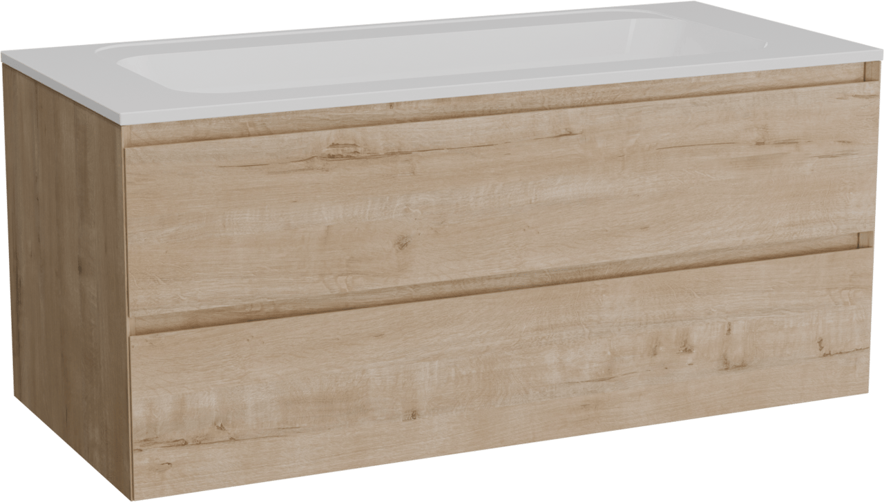 Balmani Mitra zwevend badkamermeubel 120 x 55 cm ruwe eik met Tablo Strada enkele wastafel in composietmarmer glanzend wit