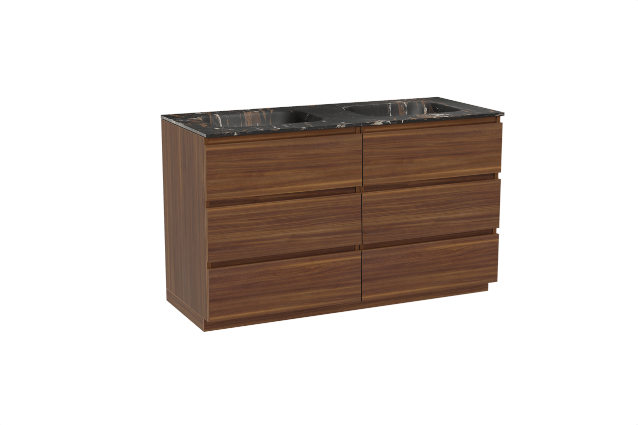 Balmani Lucida meuble salle de bains à poser 135 x 55 cm noyer américain avec Tablo Arcato double vasque en marbre portoro gold