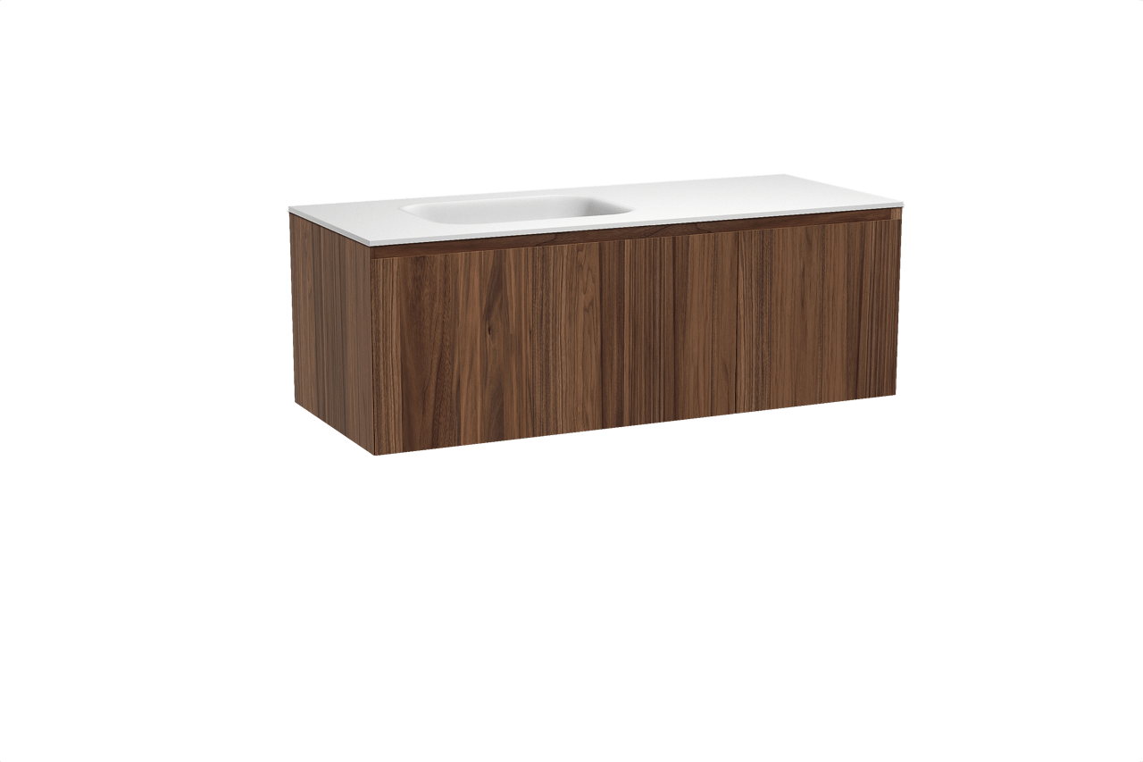 Balmani Idra meuble salle de bains suspendu 135 x 55 cm noyer avec Tablo Arcato plan vasque asymétrique à gauche en solid surface blanc mat