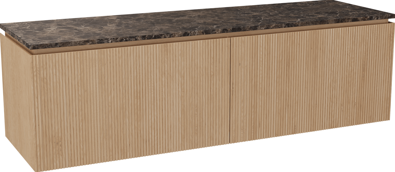 Balmani Eclips meuble salle de bains suspendu 180 x 55 cm Chêne naturelle avec Stretto tablette simple ou double en Dark Emperador marbre, Nervure droite symétrique verticale