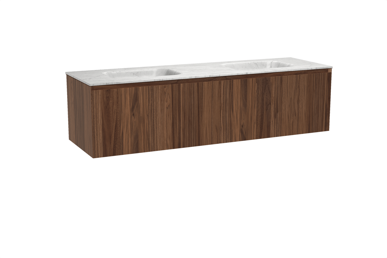 Balmani Idra zwevend badkamermeubel 180 x 55 cm notelaar met Tablo Arcato dubbele wastafel in marmer carrara