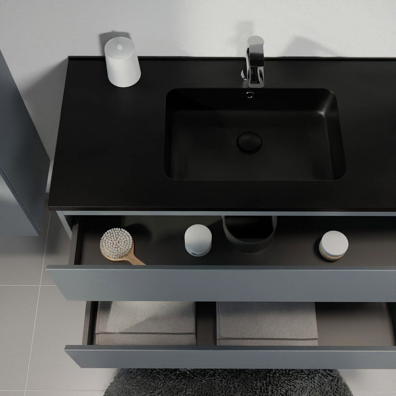 Linie Lado hängendes Möbelstück Set: 60 x 46 cm, Anthrazitblau, mit Vano Einzelwaschtisch, Marmorkomposit Schwarz matt