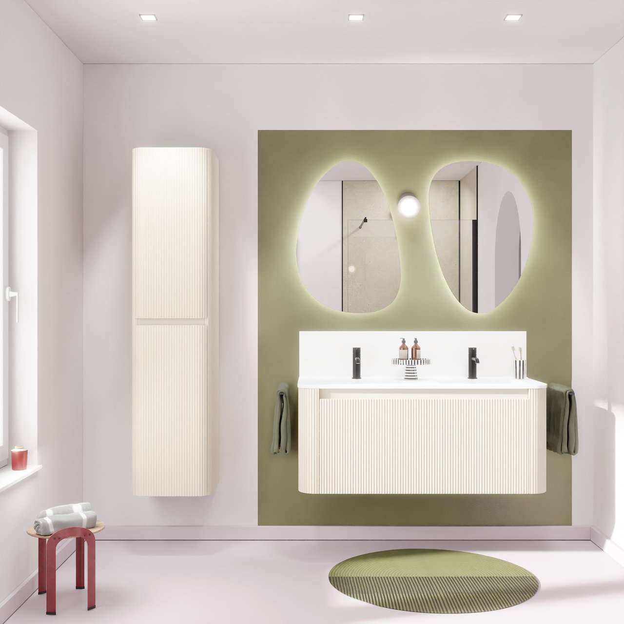 Storke Soft meuble salle de bains suspendu 120 x 46 cm Sand mat avec Kera Soft double vasque en porcelaine blanc mat, Nervure droite symétrique verticale