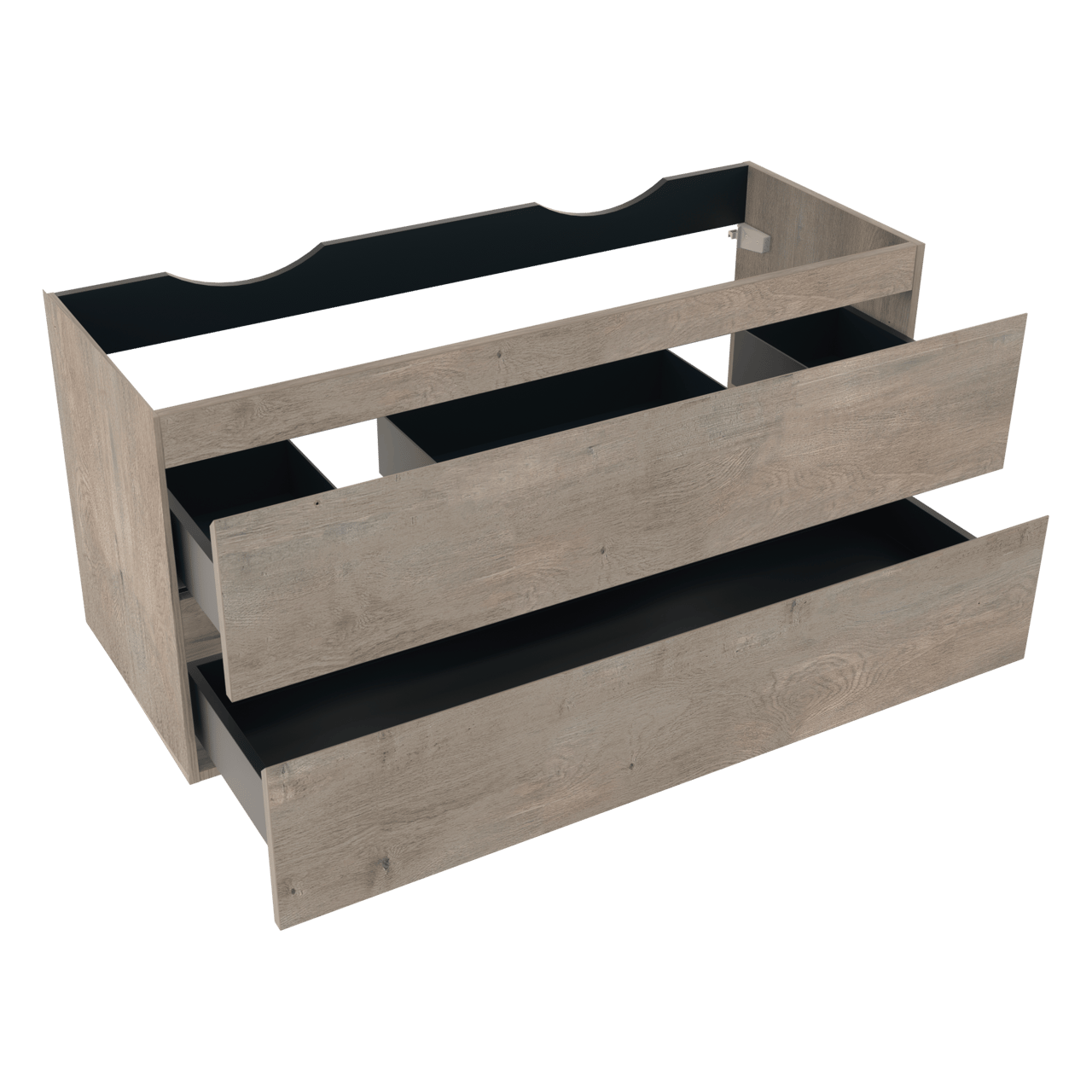 Linie Lado zwevend badmeubel 120 x 46 cm grijs eiken met Lado enkel of dubbel wastafelblad in melamine grijze leisteen