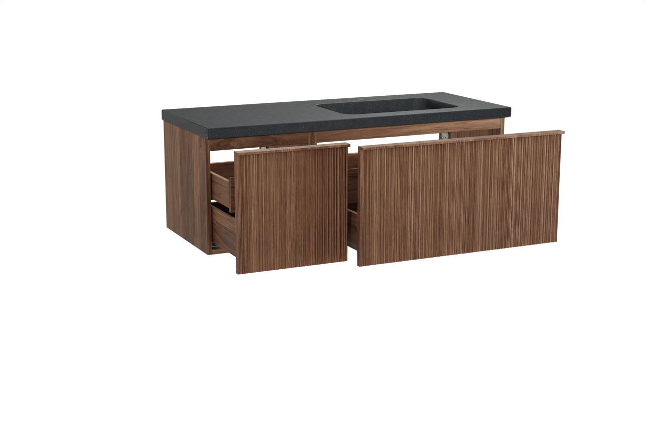 Balmani Forma zwevend badmeubel 135 x 55 cm amerikaans notenhout met Napoli asymmetrisch rechtse wastafel in zwart graniet, Verticale asymmetrische ronde ribbel