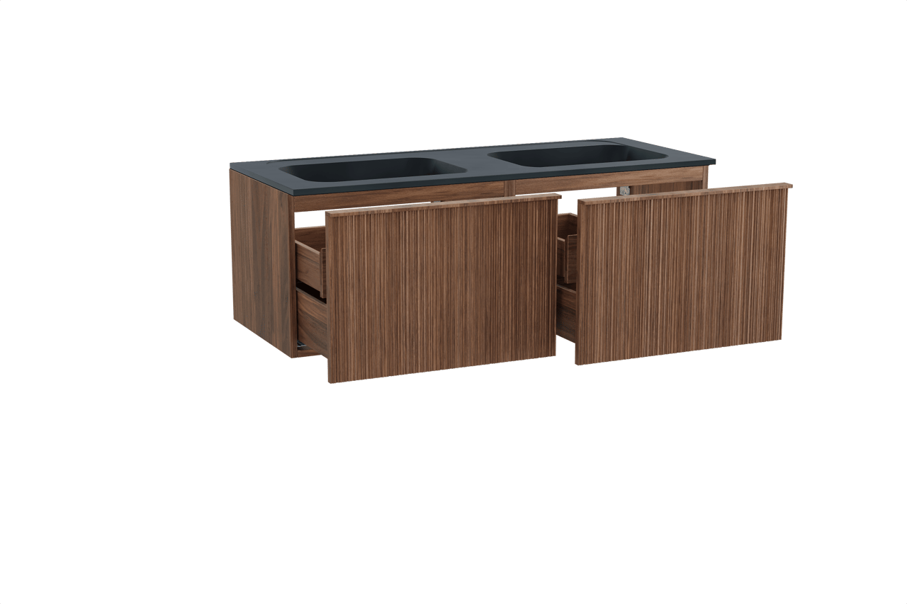 Balmani Forma hängendes Möbelstück Set: 135 x 55 cm, Amerikanischer Nussbaum, mit Tablo Strada Doppelwaschtisch, Marmorkomposit, Schwarz matt, Vertikale asymmetrische Runde Rippe