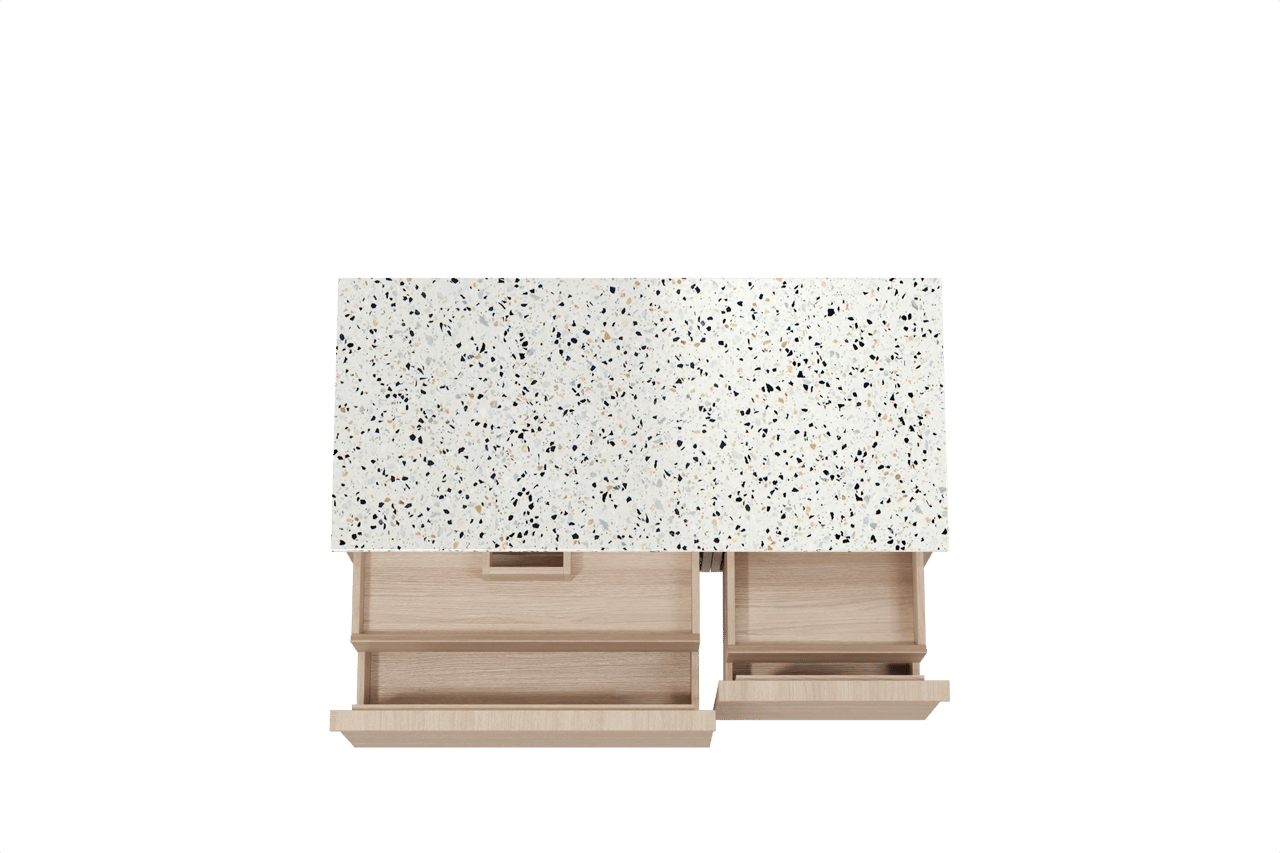 Balmani Forma zwevend badkamermeubel 120 x 55 cm natuur eik met Stretto enkel of dubbel tablet in mat wit/zwart terrazzo, Horizontale symmetrische rechte ribbel
