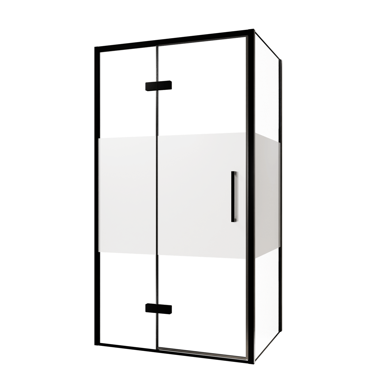 Balmani Senses Design douche en coin avec porte pivotante à gauche et paroi latérale fixe, 100 x 100 cm, Verre transparent avec bande matte, Profil noir, coating inclus
