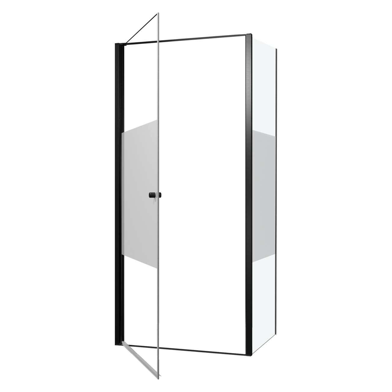 Luca Varess Kuresa Eckdusche: Drehtür, fixierte Seitenwand, 95 x 90 x 200 cm, Klarglas mit mattiertem Streifen, Profil Schwarz matt
