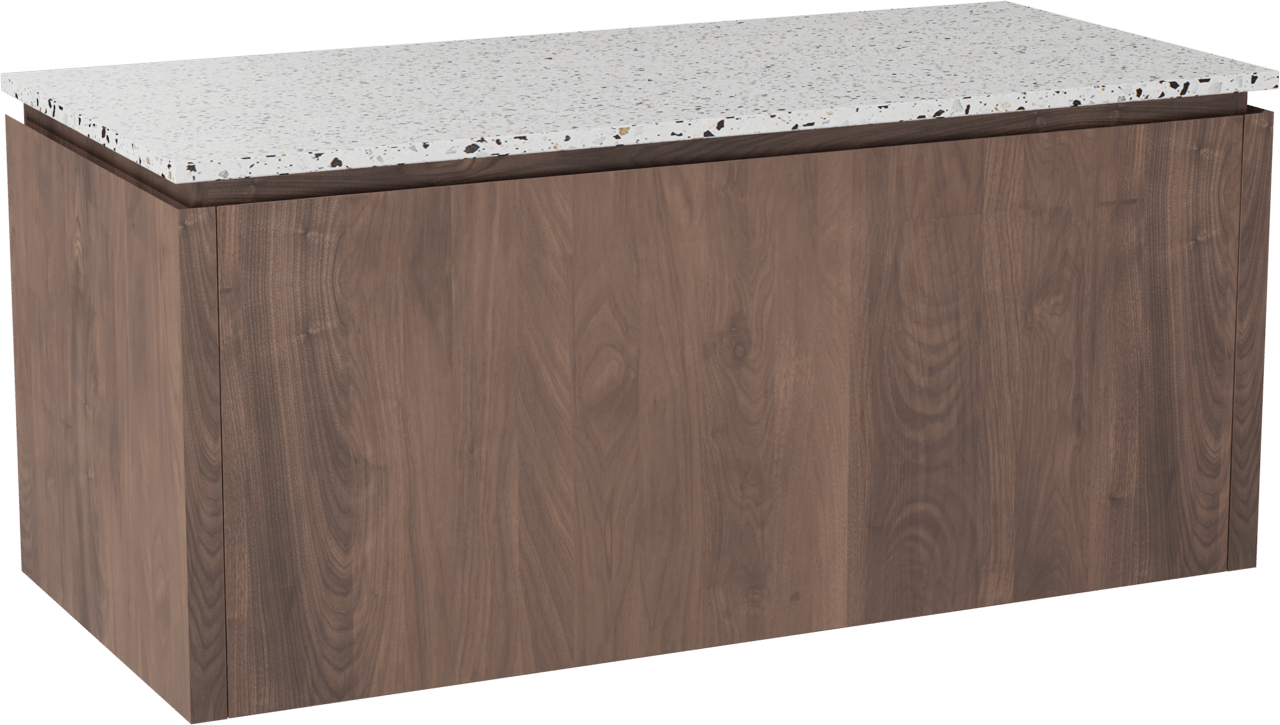 Balmani Eclips hängendes Möbelstück Set: 120 x 55 cm, Amerikanischer Nussbaum, mit Stretto Einzel- oder Doppel Waschtischplatte Bianco Nero Terrazzo