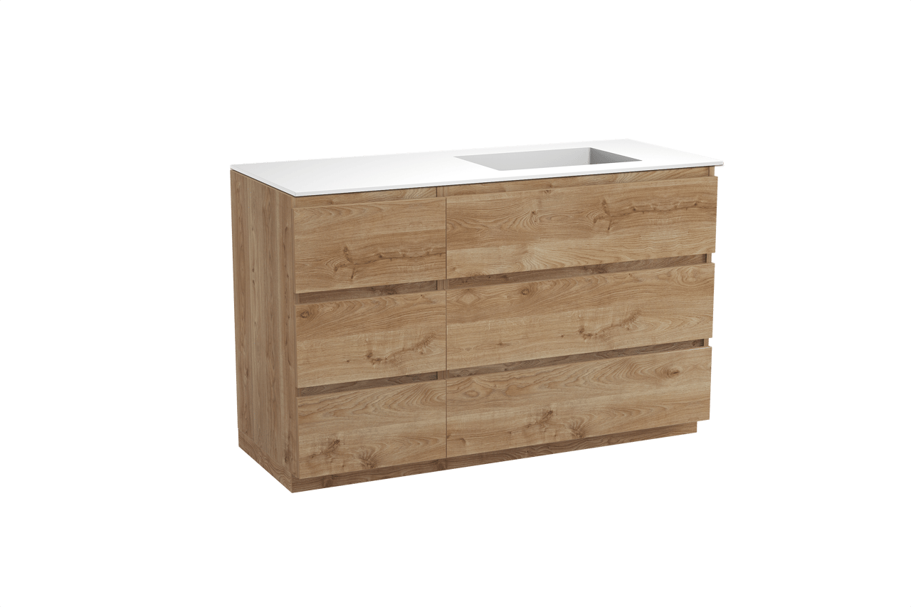 Balmani Lucida freistehendes Möbelstück Set: 135 x 55 cm, Rohe Eiche, mit Tablo Stretto Waschtisch rechts, Solid Surface Weiß matt