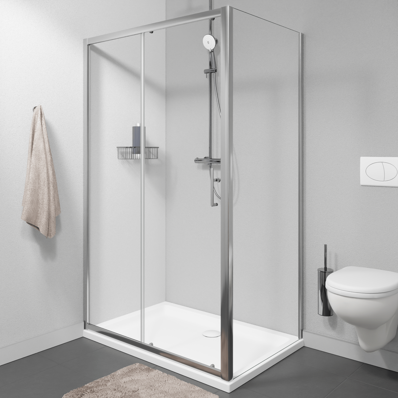 Linie Cadiz douchehoek met schuifdeur en vaste zijwand, 140 x 70 cm, helder glas, geborstelde chroom profielen