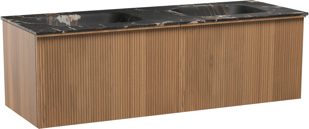 Balmani Forma zwevend badmeubel 150 x 55 cm teakhout met Tablo Arcato dubbele wastafel in marmer portoro gold, Verticale symmetrische rechte ribbel