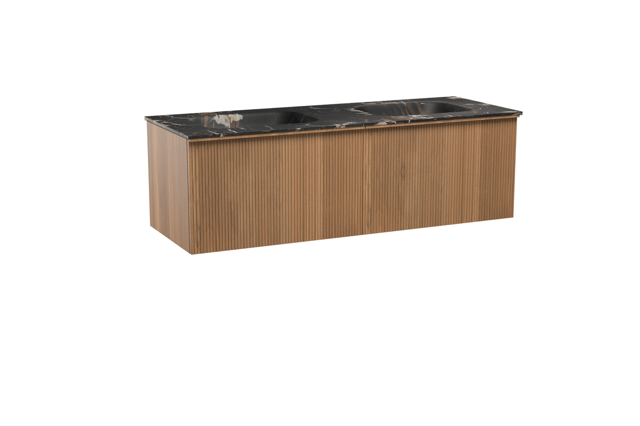 Balmani Forma meuble salle de bains suspendu 150 x 55 cm teck avec Tablo Arcato double vasque en marbre portoro gold, Nervure droite symétrique verticale