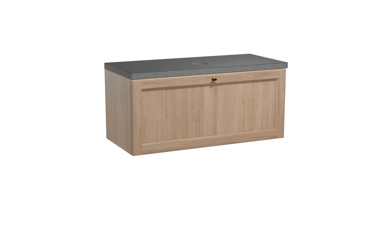 Balmani Lemon hängendes Möbelstück Set: 120 x 55 cm, Verwitterte Eiche, mit Rock Einzel Waschtischplatte, Schwarzes Granit