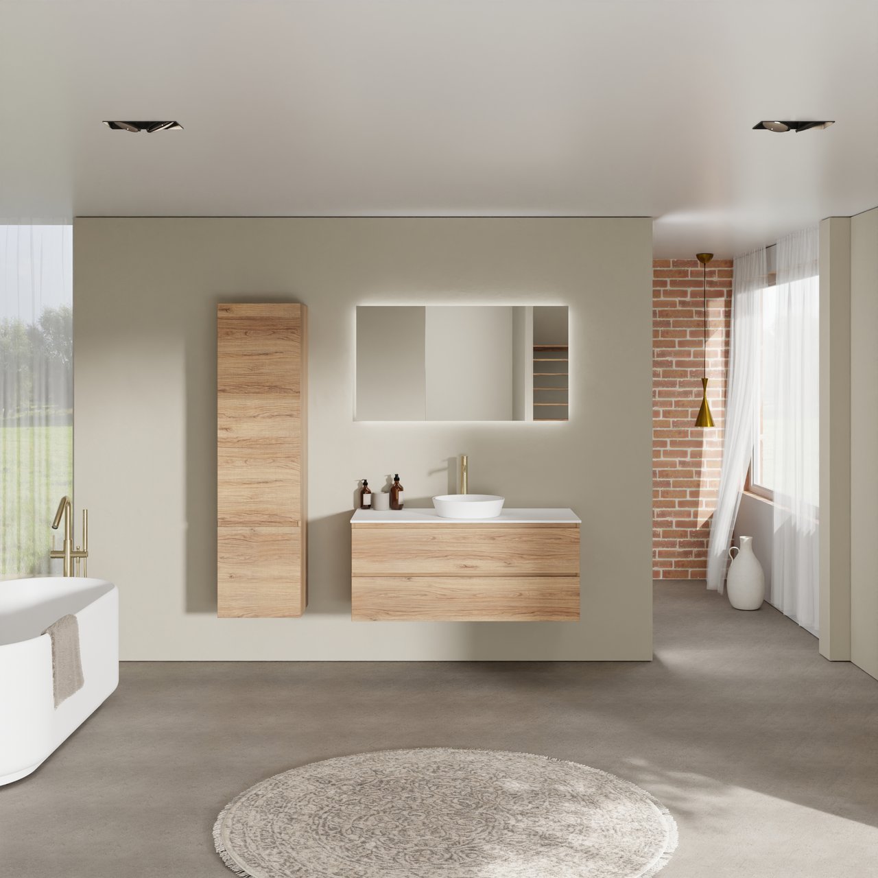 Balmani Lucida meuble salle de bains suspendu 120 x 55 cm teck avec Stretto tablette simple ou double en solid surface blanc mat