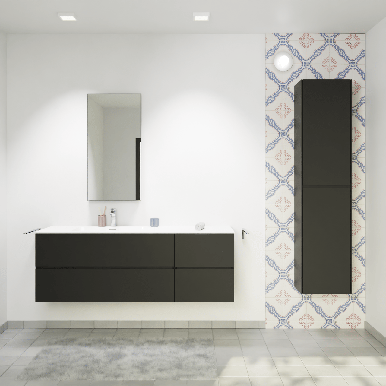 Storke Edge meuble salle de bains suspendu 150 x 52 cm noir mat avec Scuro High vasque asymétrique gauche en quartz noir mat